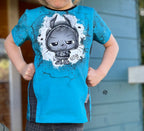 In-house Production Cotton Jersey Panel + Co-ordinating Design Little Rebel on Turquoise 65x165 cm