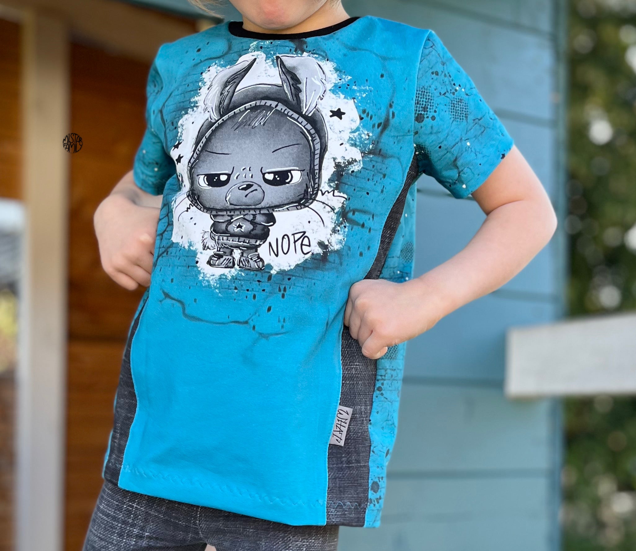In-house Production Cotton Jersey Panel + Co-ordinating Design Little Rebel on Turquoise 65x165 cm