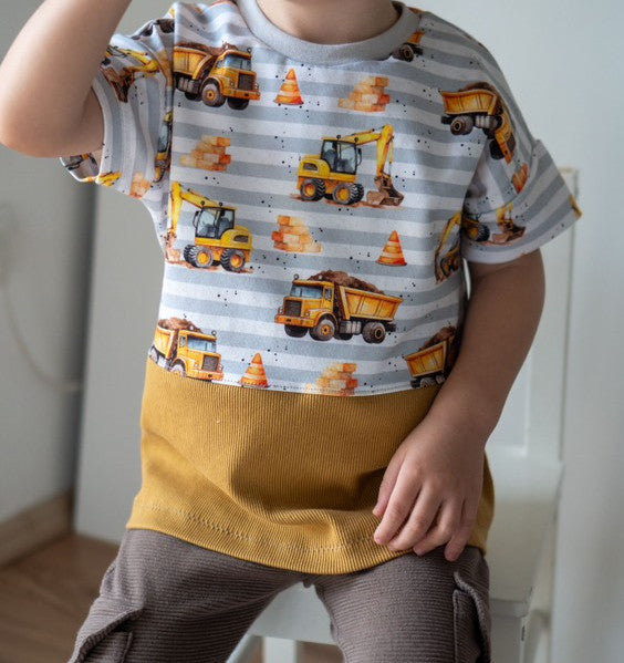 In-house production French Terry Construction Vehicles Stripes on Light Grey