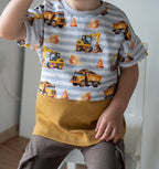 In-house production French Terry Construction Vehicles Stripes on Light Grey