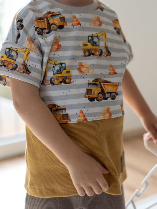 In-house production French Terry Construction Vehicles Stripes on Light Grey