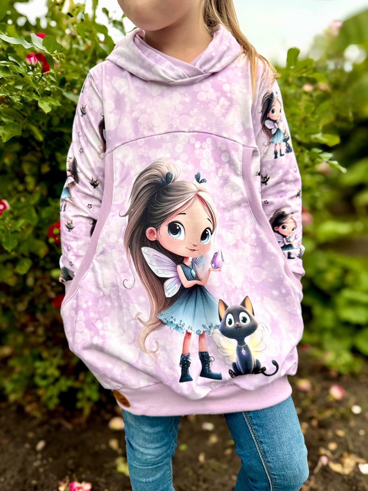 In-house production Cotton Jersey Panel Diamond Girl Cat on Pink / Lilac 75 x 165 cm