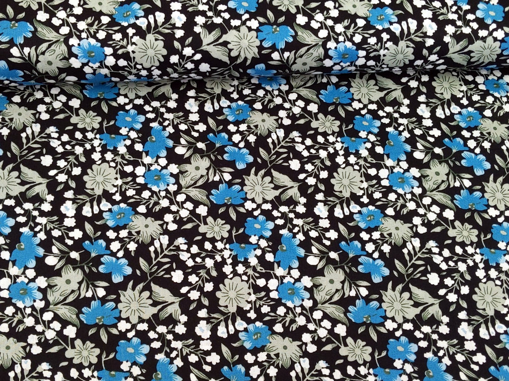 Cotton Fabric Poplin Flowers Aqua Black