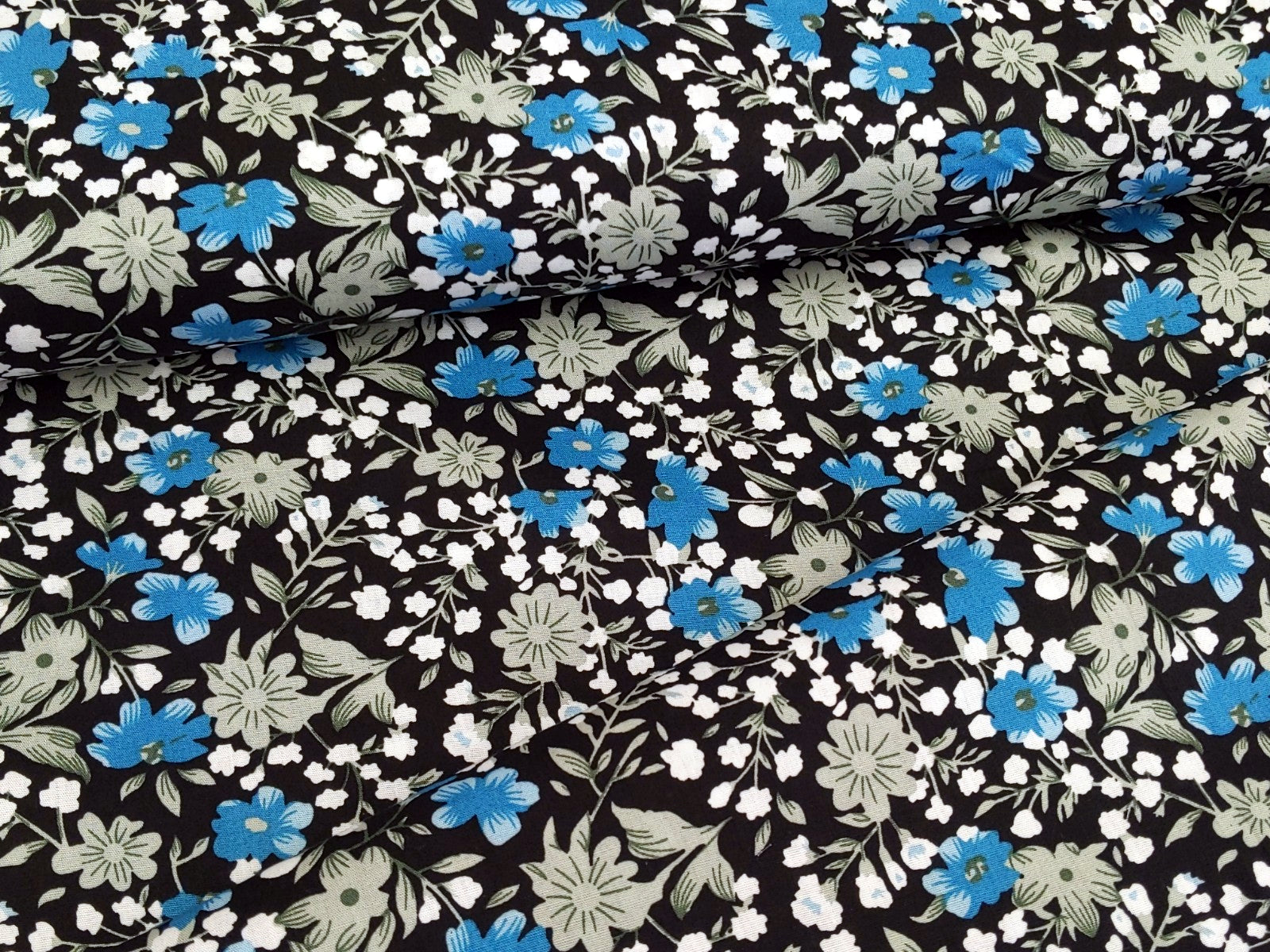 Cotton Fabric Poplin Flowers Aqua Black