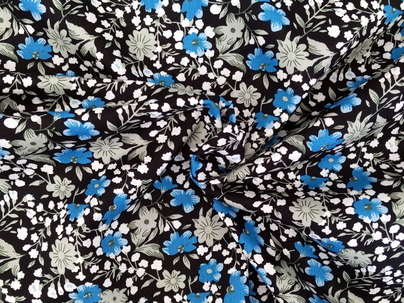 Cotton Fabric Poplin Flowers Aqua Black