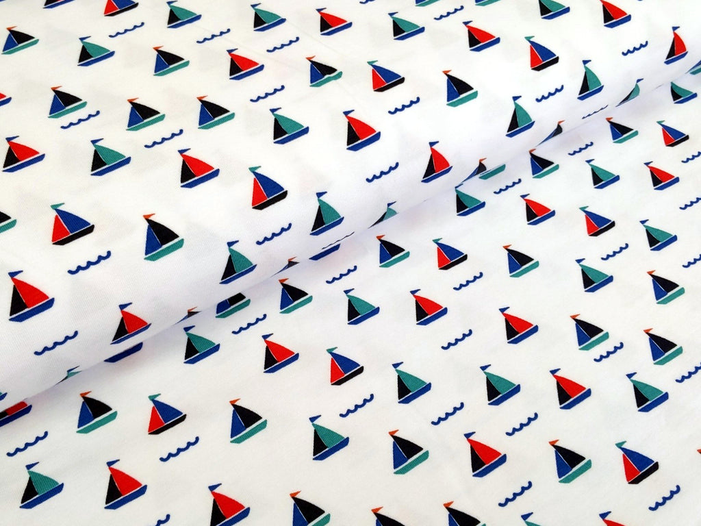 Baumwolljersey Kleine Segelboote Weiss