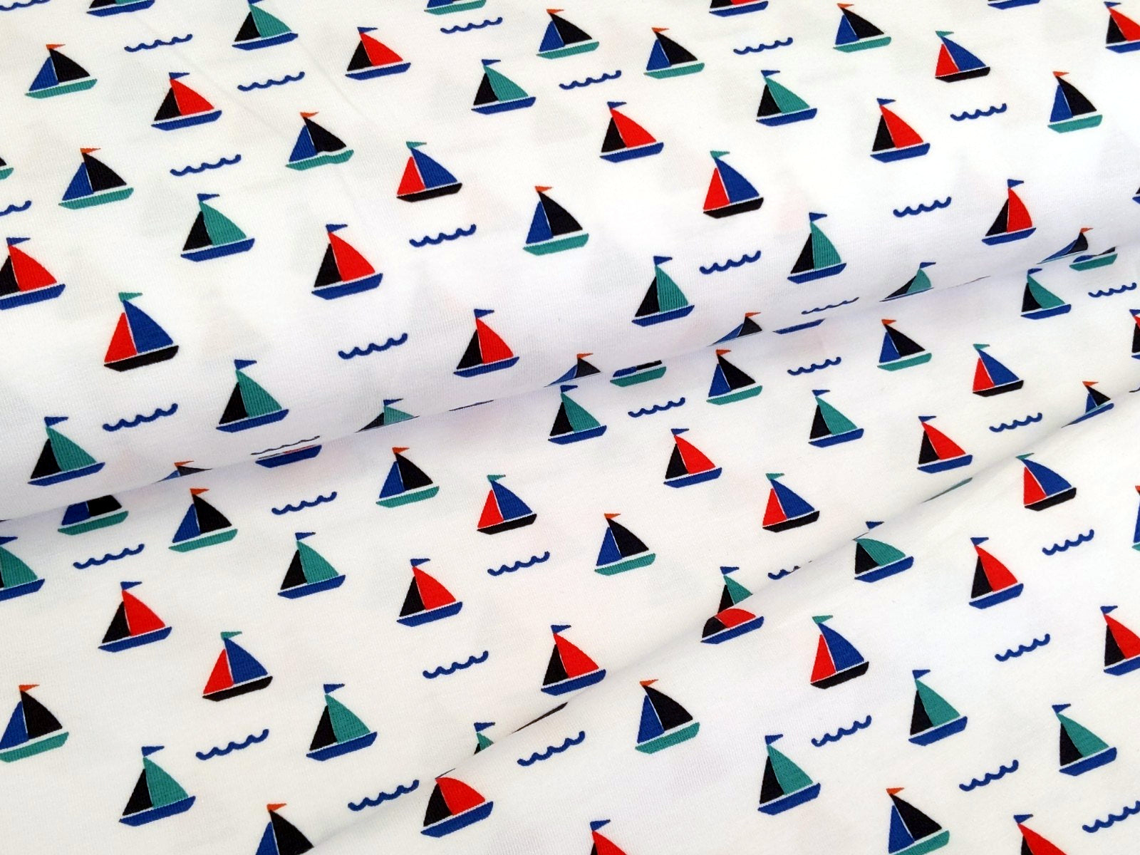 Baumwolljersey Kleine Segelboote Weiss