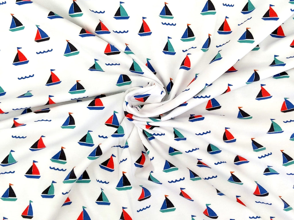 Baumwolljersey Kleine Segelboote Weiss