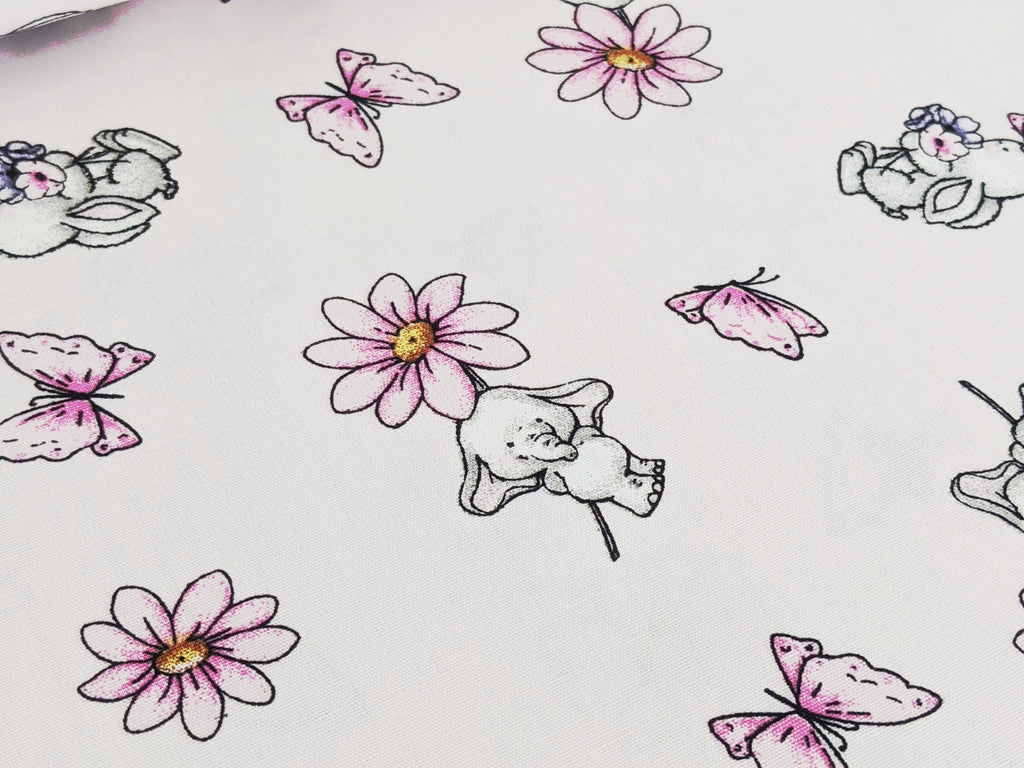 Baumwollstoff Sweet Hase und Elefant Hellrosa