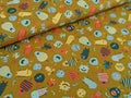Cotton fabric Poplin Small Aliens Monsters on Mustard Yellow