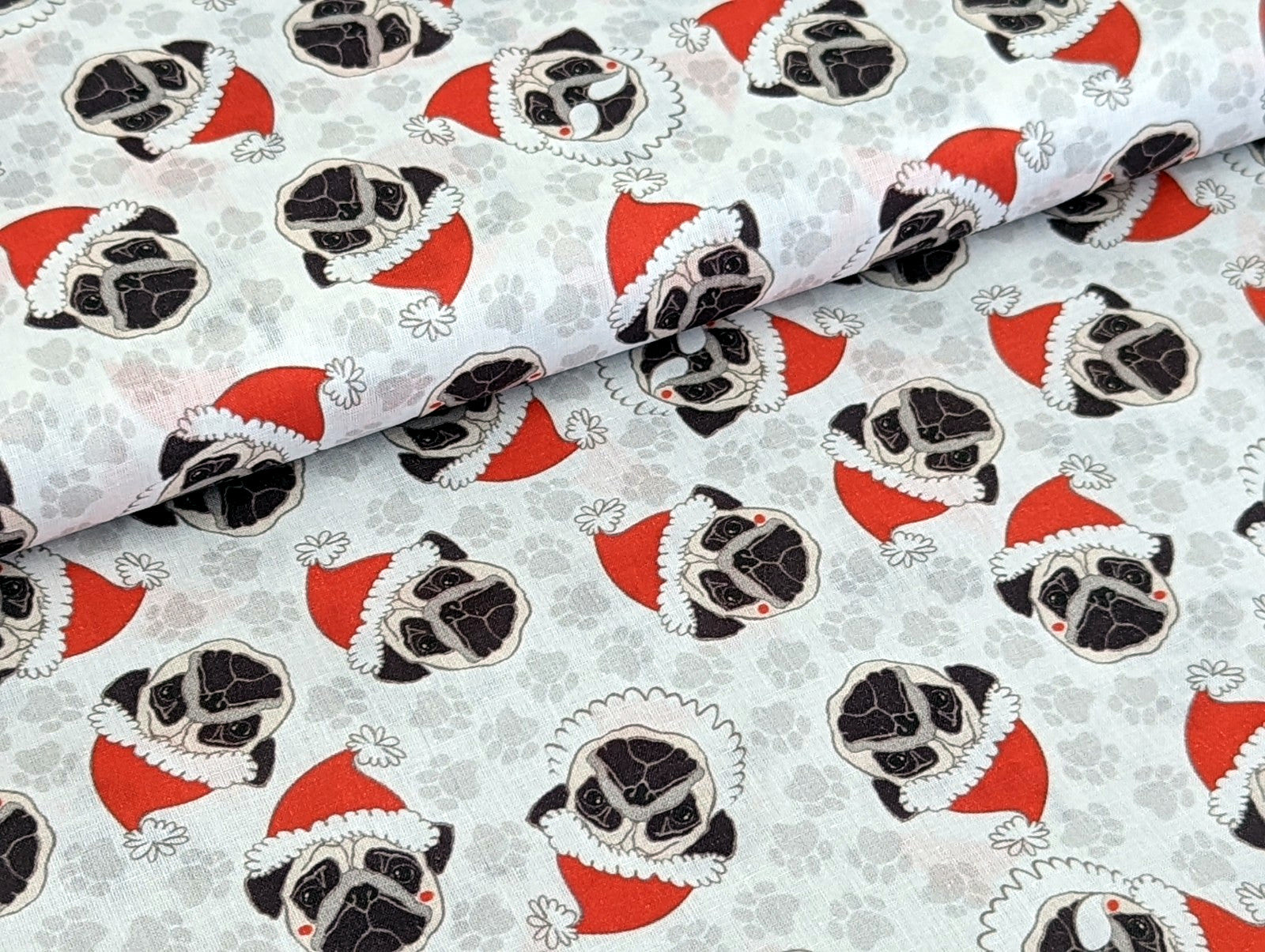 Cotton Fabric Poplin Christmas Pugs Dog Light Gray