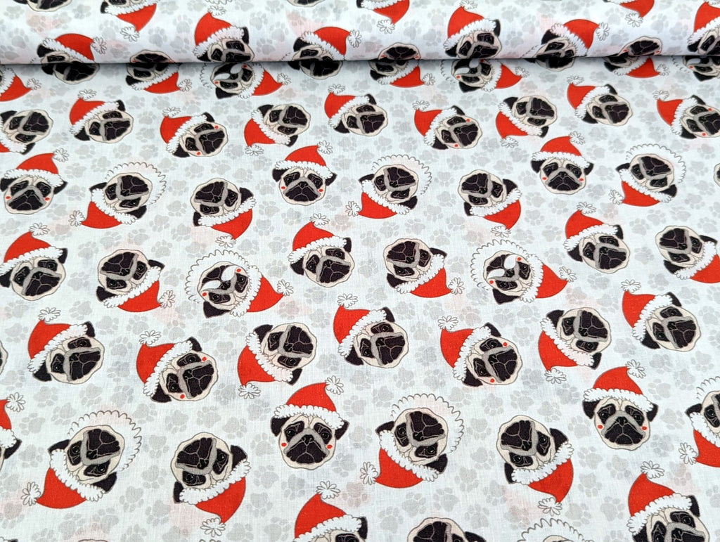 Cotton Fabric Poplin Christmas Pugs Dog Light Gray