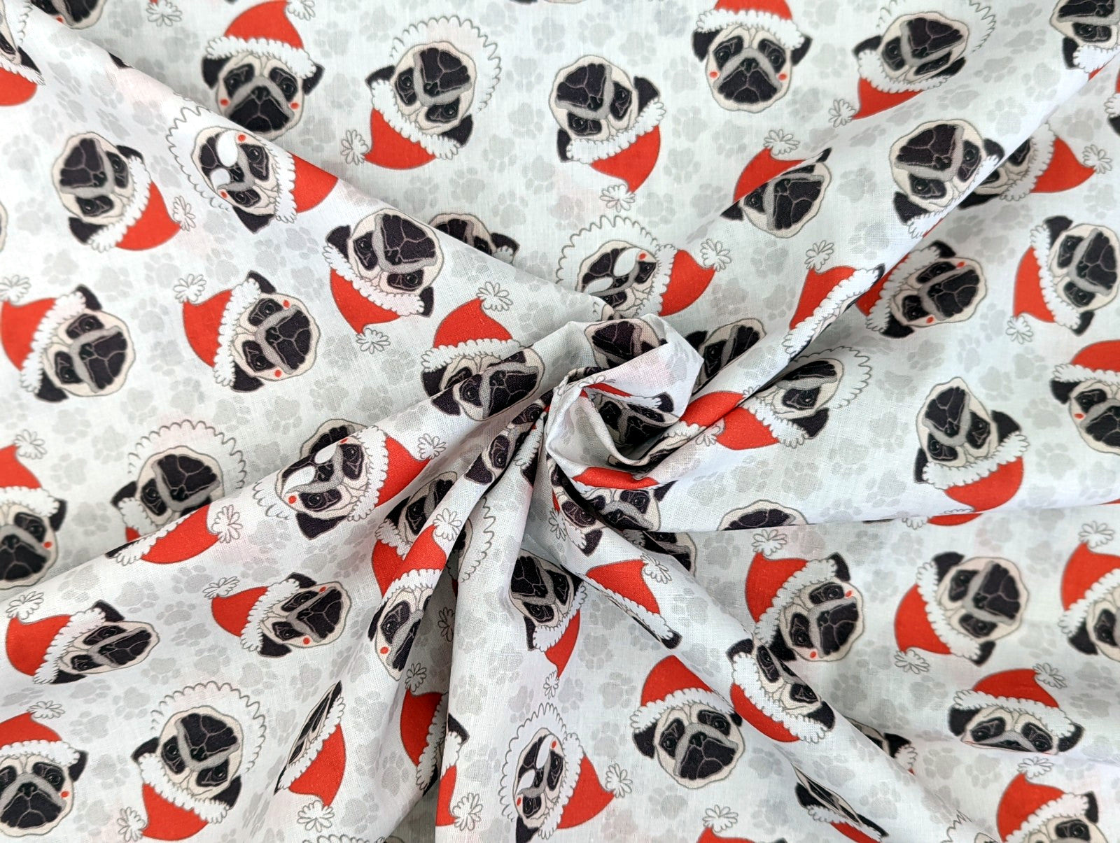 Cotton Fabric Poplin Christmas Pugs Dog Light Gray