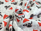 Cotton Fabric Poplin Christmas Pugs Dog Light Gray
