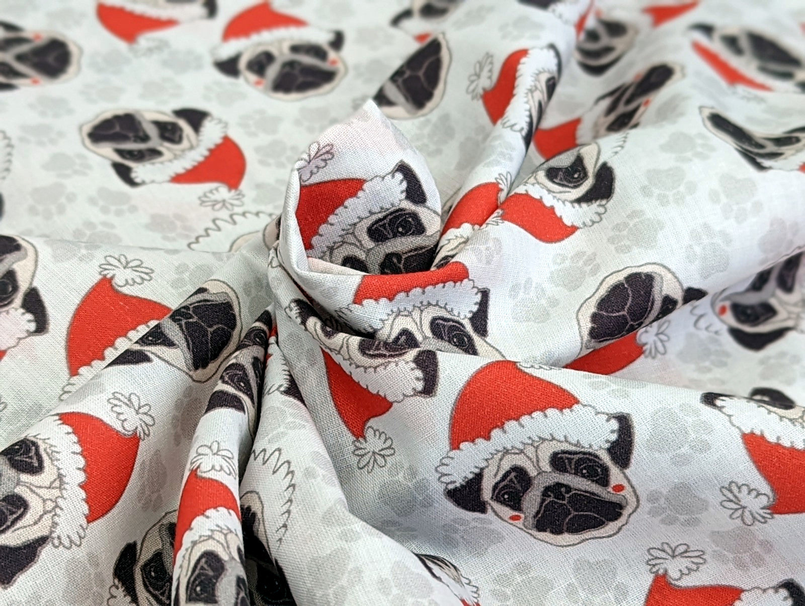 Cotton Fabric Poplin Christmas Pugs Dog Light Gray