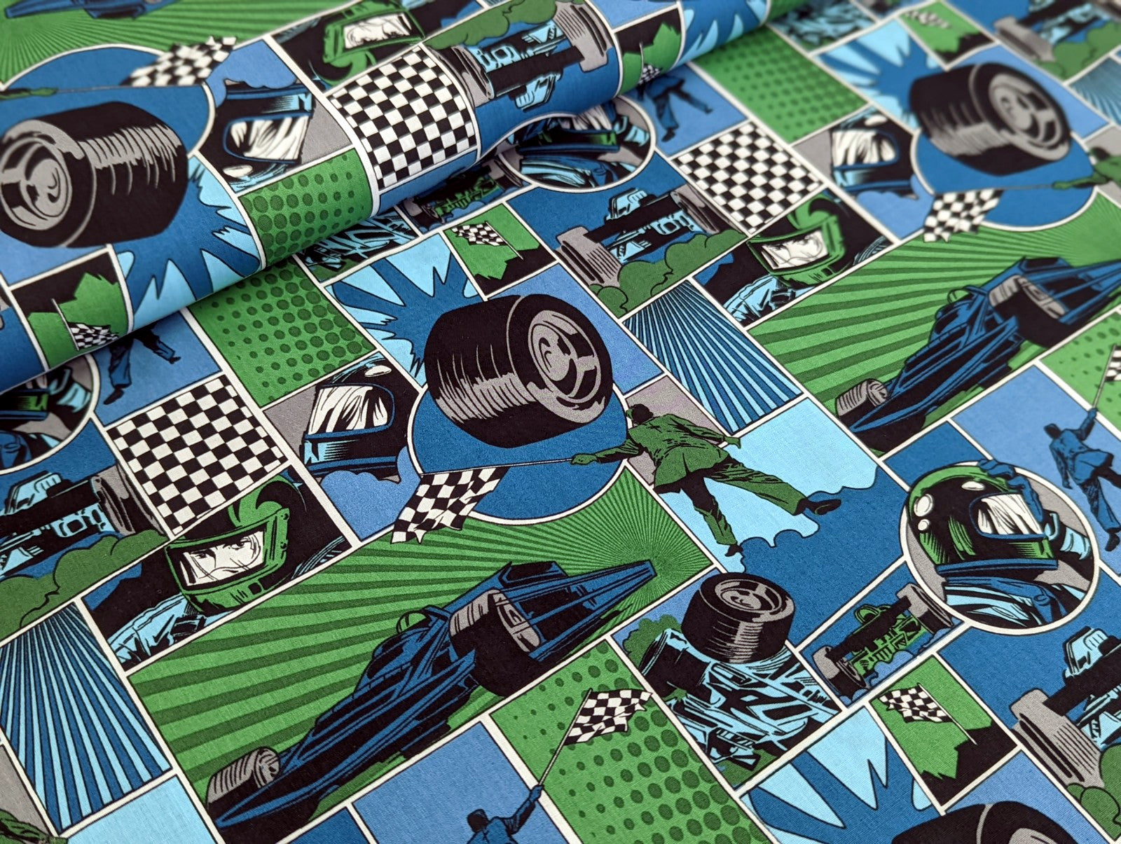 Cotton Fabric Racing Racetrack Green 65 x 150 cm