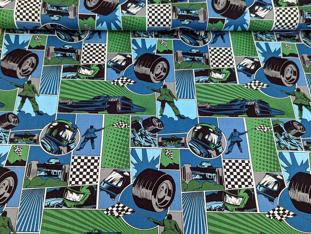 Cotton Fabric Racing Racetrack Green 65 x 150 cm