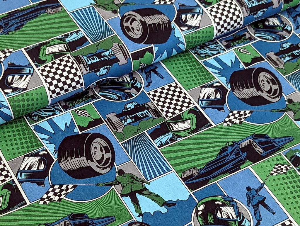 Cotton Fabric Racing Racetrack Green 65 x 150 cm