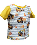In-house production cotton jersey construction vehicles stripes on light gray