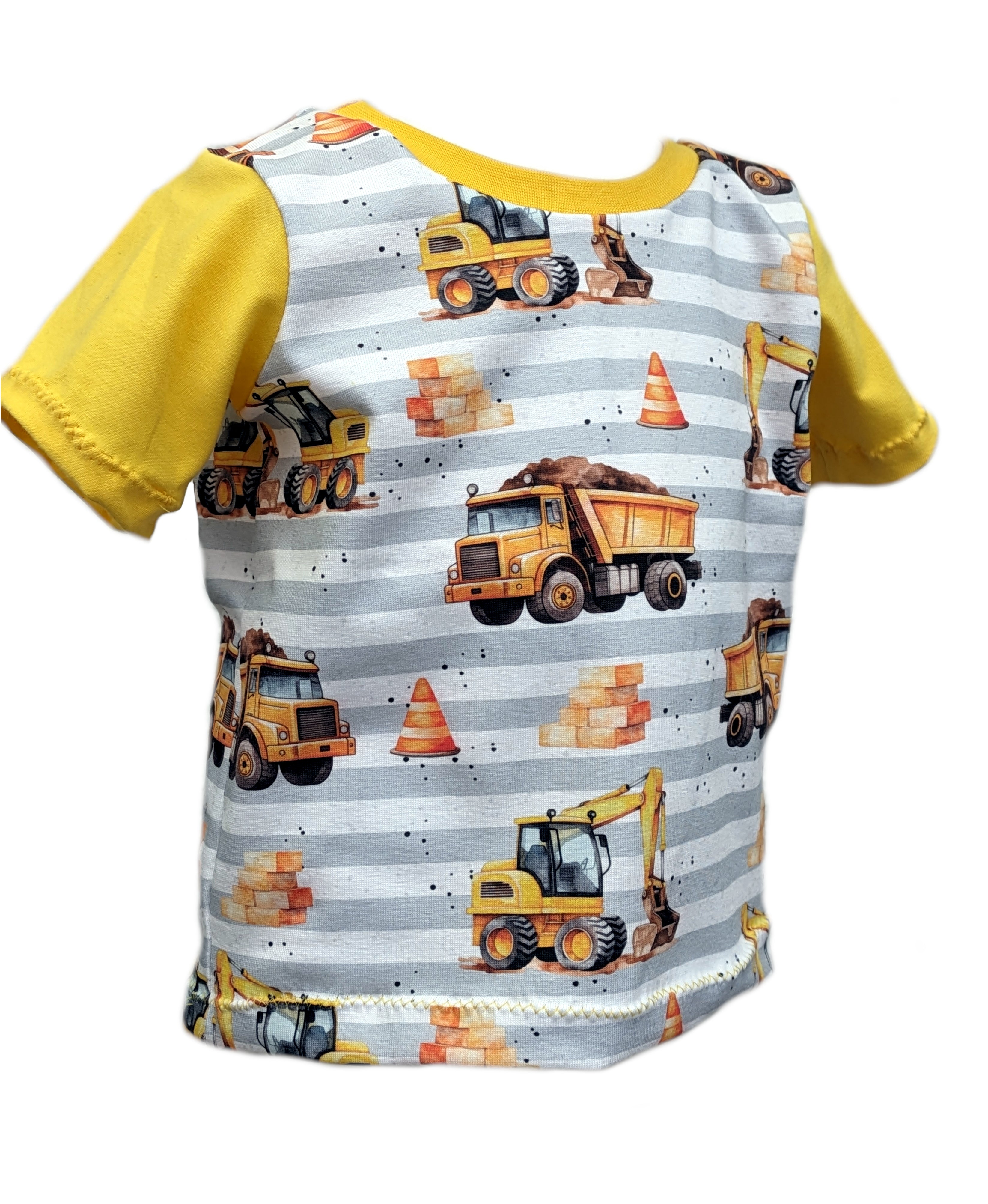 In-house production cotton jersey construction vehicles stripes on light gray