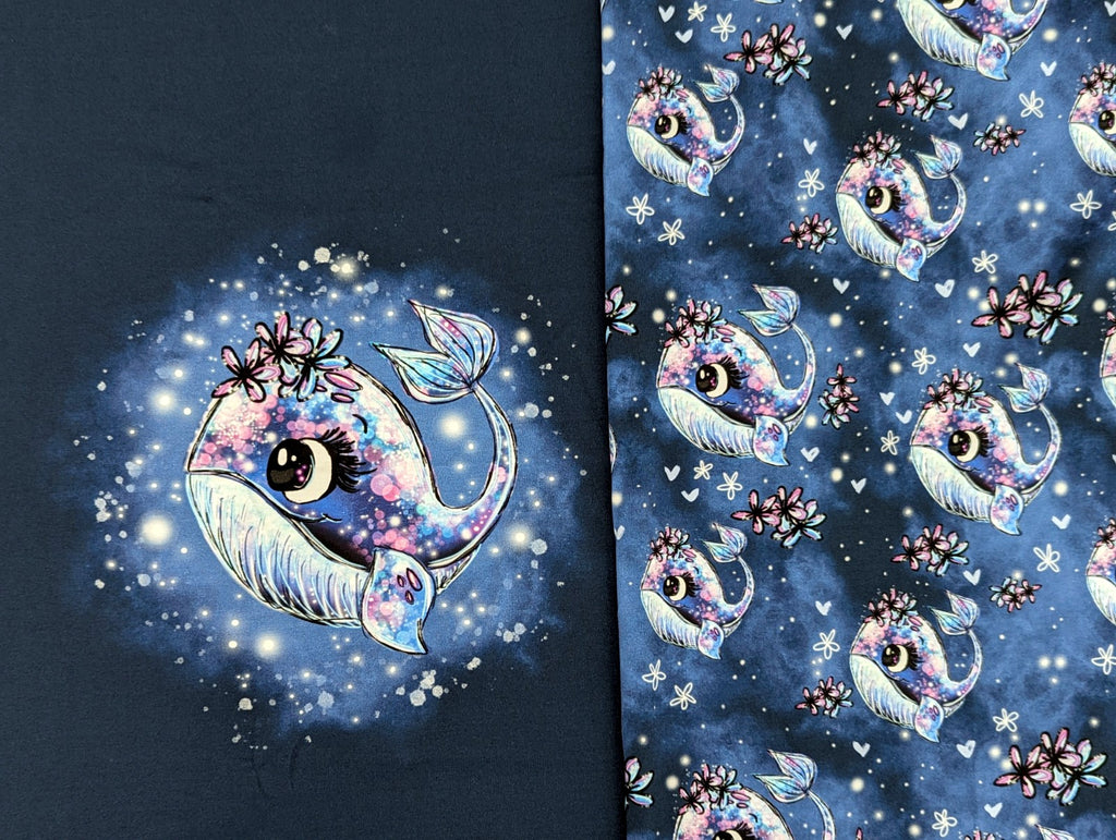 In-house production cotton jersey panel + combination whale Wallery on smokey blue-purple 65x165 cm