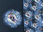 In-house production cotton jersey panel + combination whale Wallery on smokey blue-purple 65x165 cm
