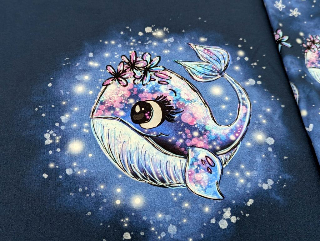 In-house production cotton jersey panel + combination whale Wallery on smokey blue-purple 65x165 cm