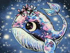 In-house production cotton jersey panel + combination whale Wallery on smokey blue-purple 65x165 cm