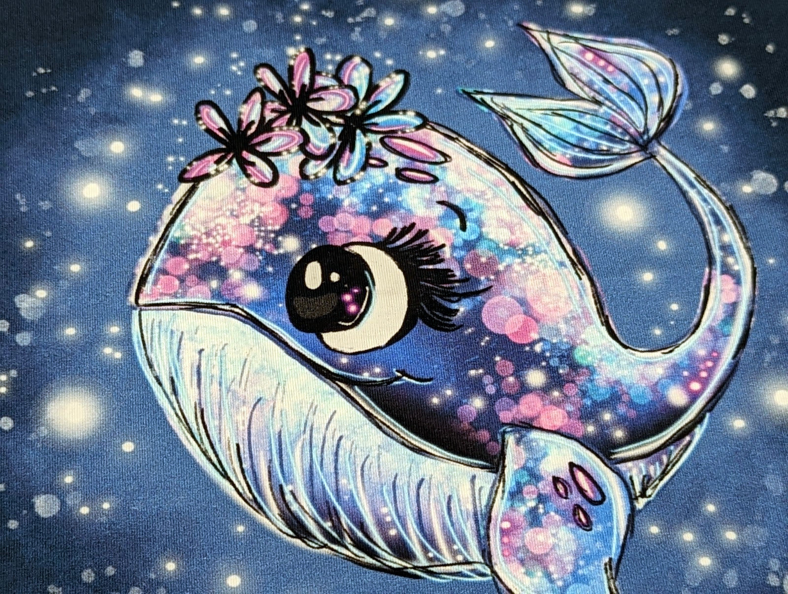 In-house production cotton jersey panel + combination whale Wallery on smokey blue-purple 65x165 cm