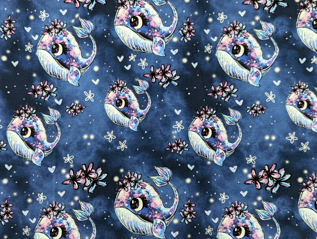 In-house production cotton jersey panel + combination whale Wallery on smokey blue-purple 65x165 cm