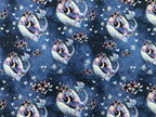 In-house production cotton jersey panel + combination whale Wallery on smokey blue-purple 65x165 cm