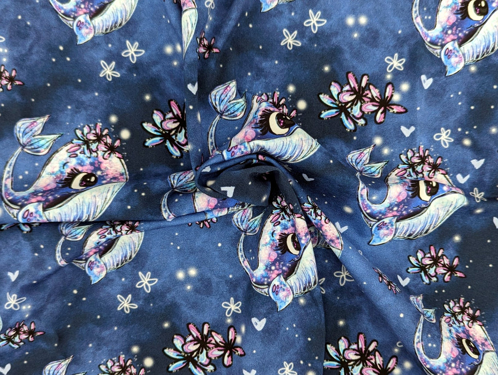 In-house production cotton jersey panel + combination whale Wallery on smokey blue-purple 65x165 cm