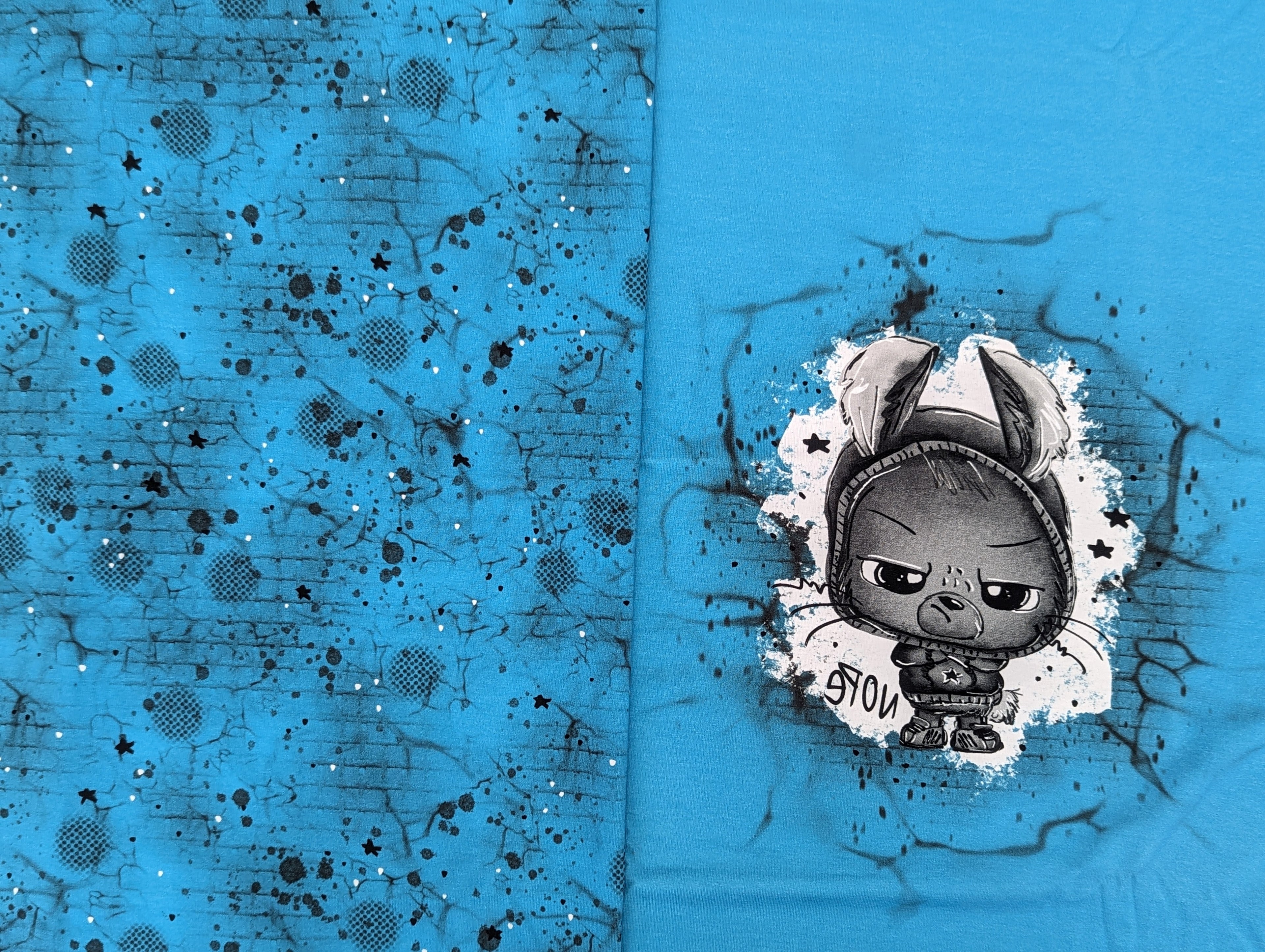 In-house Production Cotton Jersey Panel + Co-ordinating Design Little Rebel on Turquoise 65x165 cm