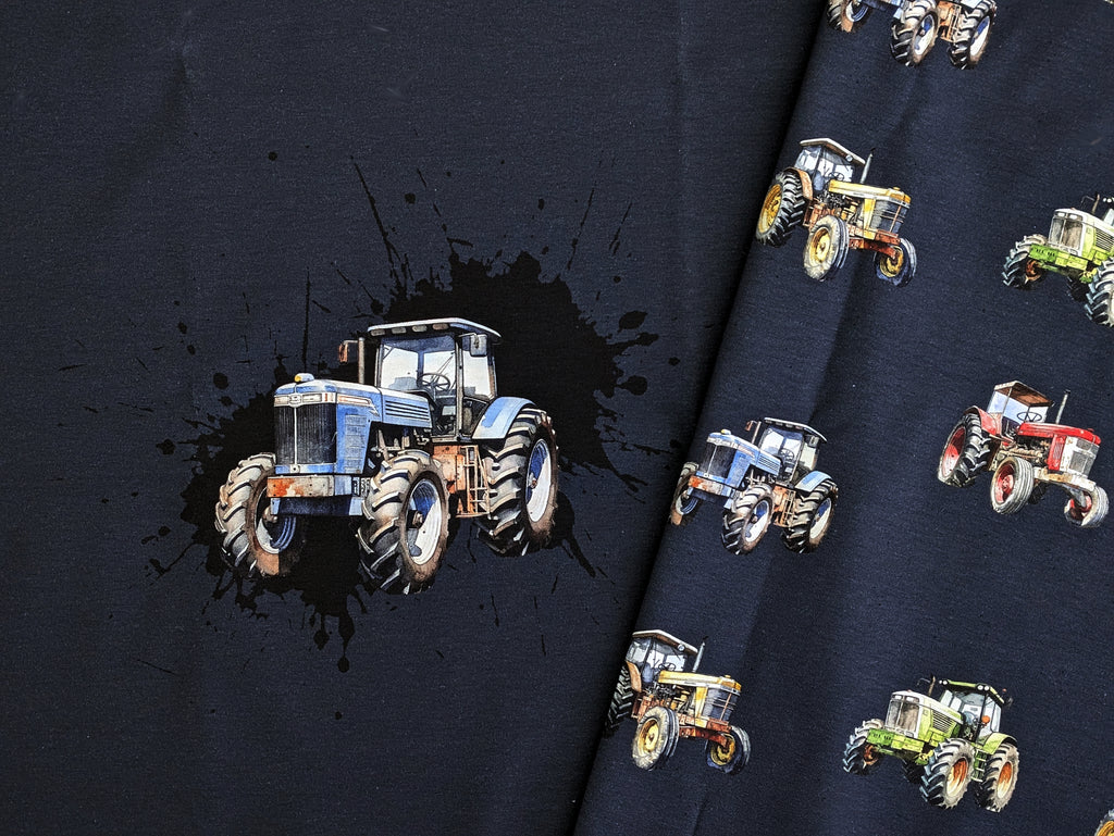 In-house production Cotton Jersey Panel Tractors on Night Blue 70x165 cm -N-