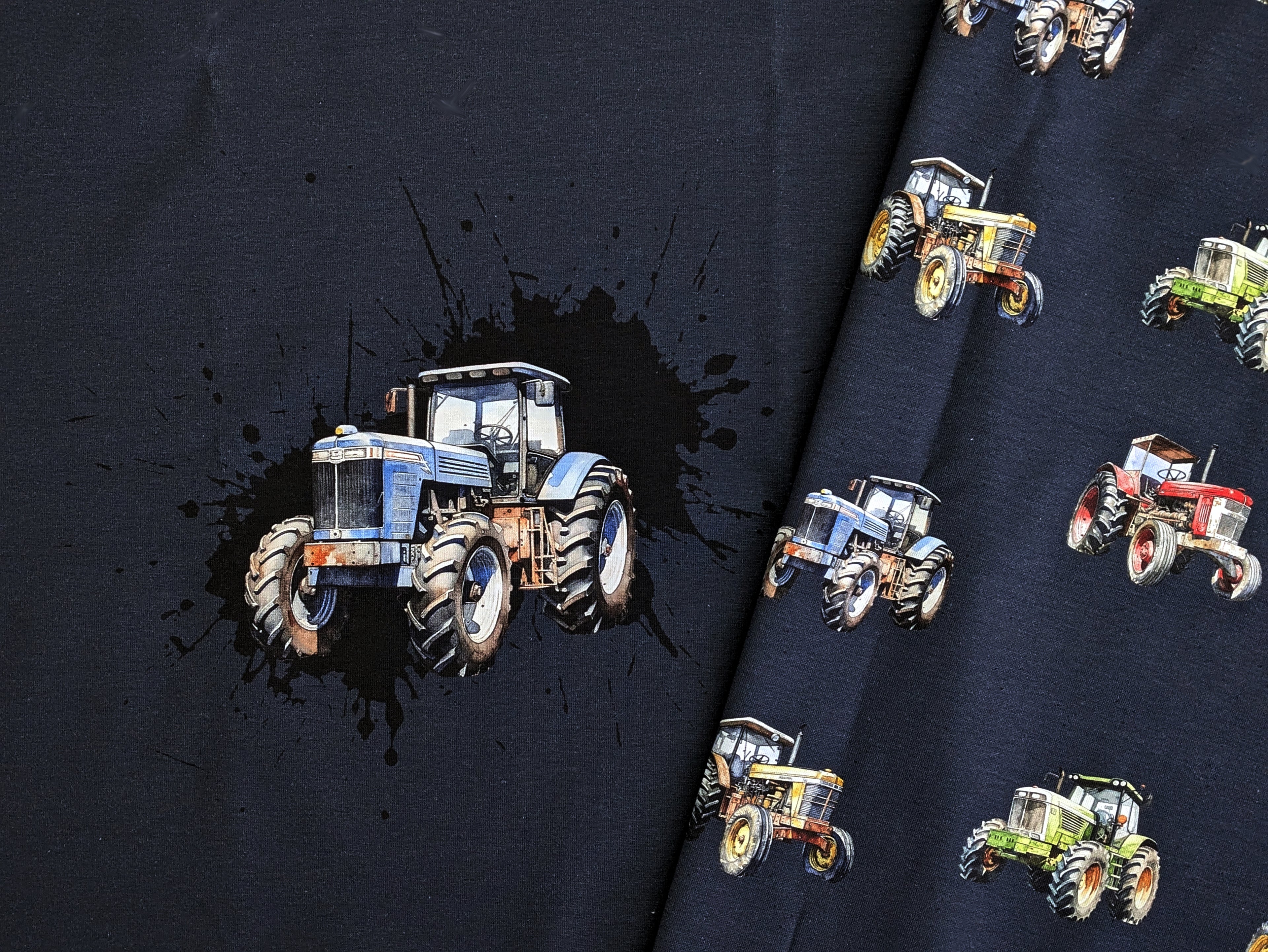In-house production Cotton Jersey Panel Tractors on Night Blue 70x165 cm -N-