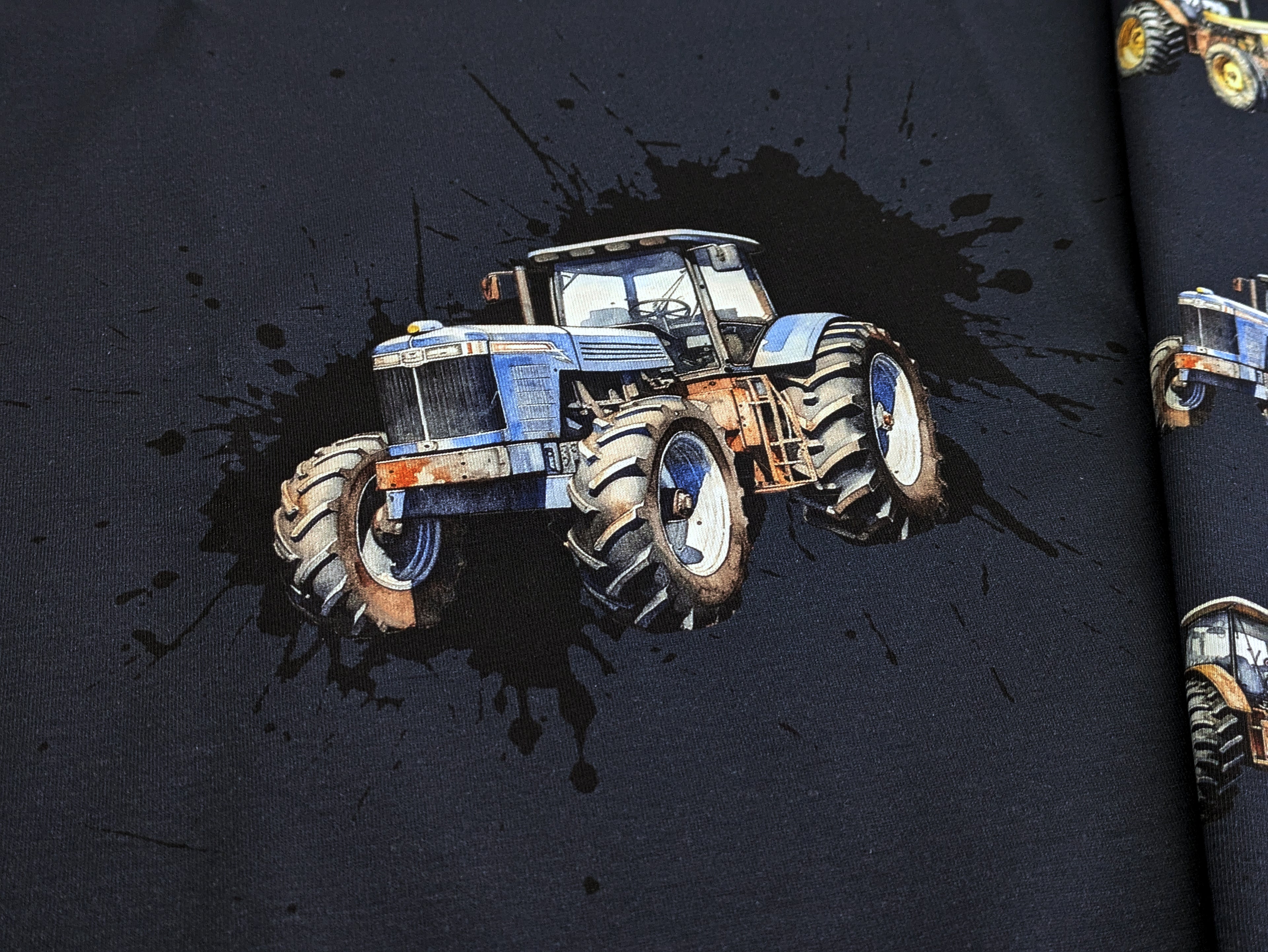 In-house production Cotton Jersey Panel Tractors on Night Blue 70x165 cm -N-
