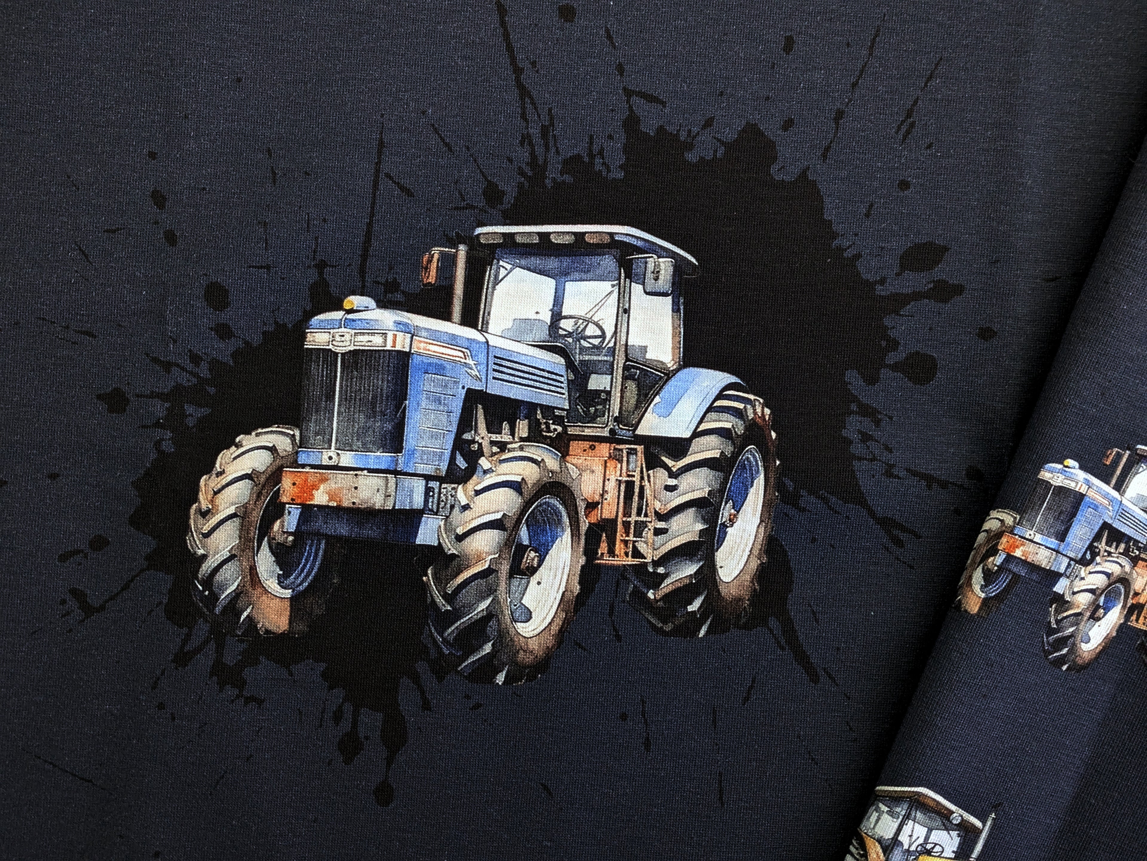 In-house production Cotton Jersey Panel Tractors on Night Blue 70x165 cm -N-