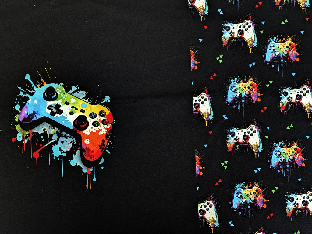 Eigenproduktion Baumwolljersey Panel + Kombi Gameplay Gamecontroller Schwarz Bunt 65 x 165 cm