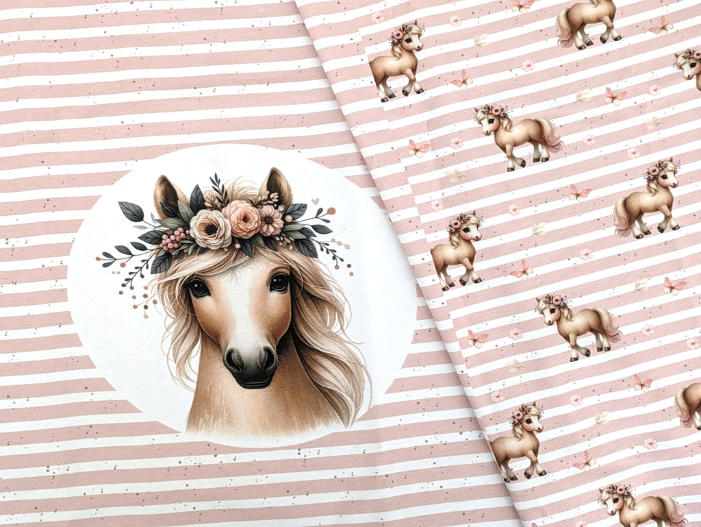 Self-produced Cotton Jersey Panel Horse Flower Pony on Stripes Butterfly Light Pink