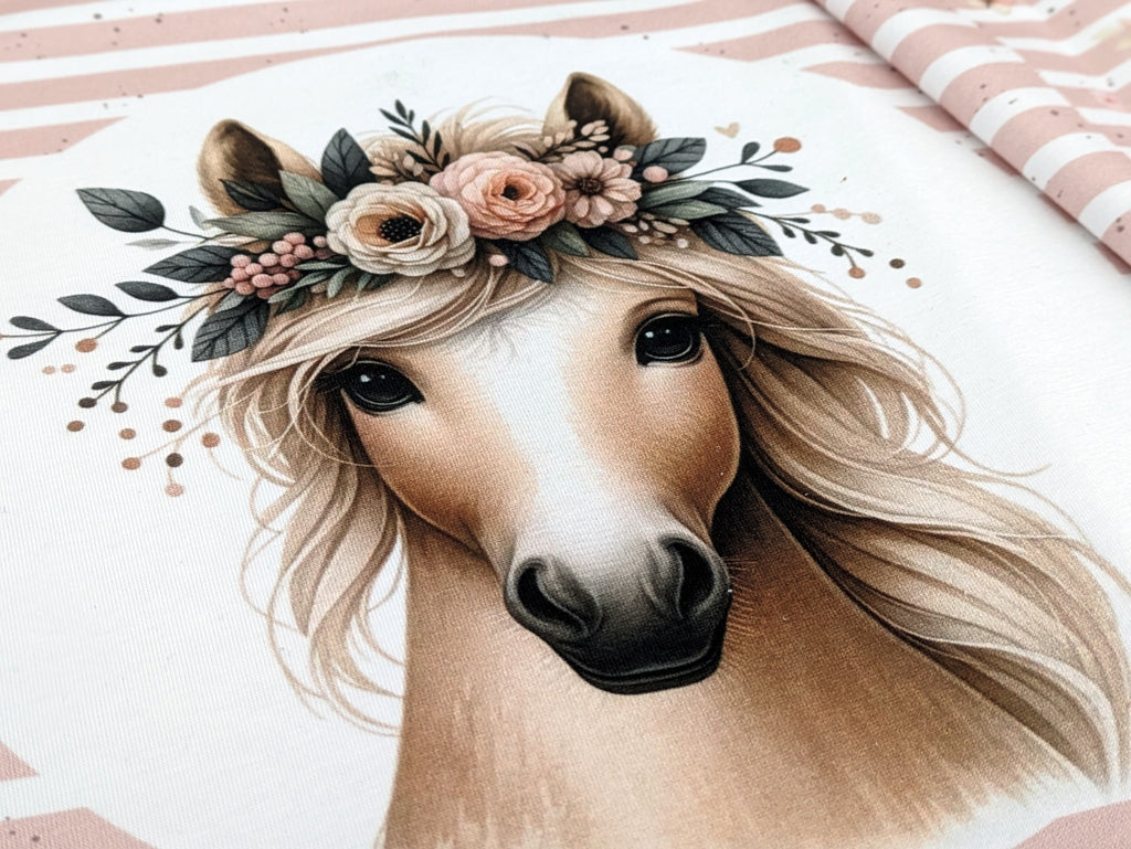Self-produced Cotton Jersey Panel Horse Flower Pony on Stripes Butterfly Light Pink