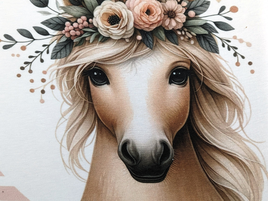 Self-produced Cotton Jersey Panel Horse Flower Pony on Stripes Butterfly Light Pink