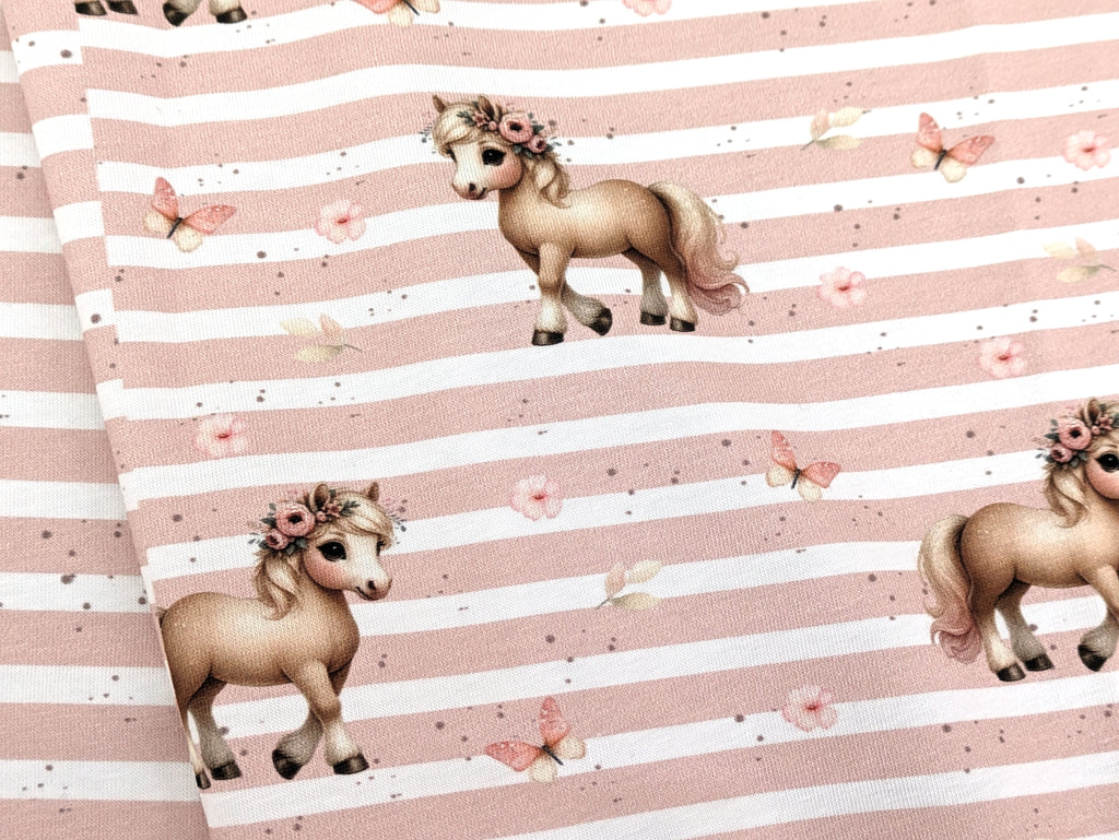 Self-produced Cotton Jersey Panel Horse Flower Pony on Stripes Butterfly Light Pink