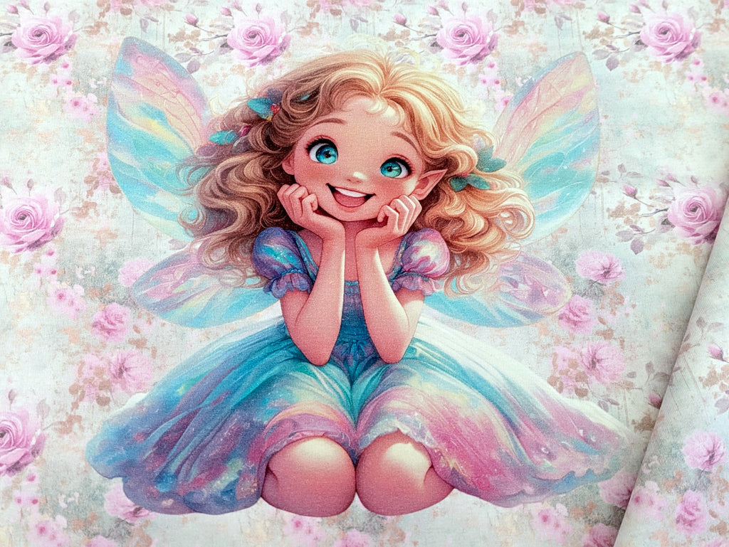 In-house production French Terry Panel Enchanting Fairy with Flowers on Cream White approx. 60 x 165