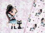 In-house production Cotton Jersey Panel Diamond Girl Cat on Pink / Lilac 75 x 165 cm