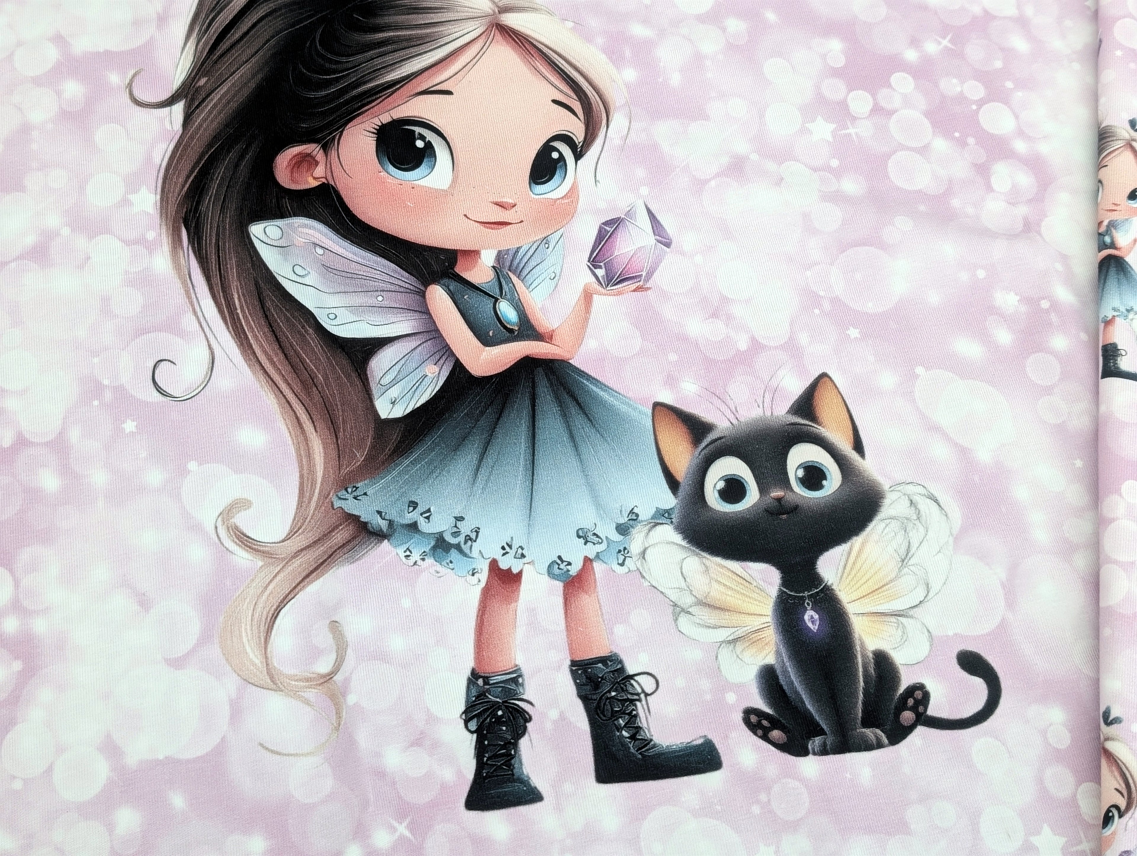 In-house production Cotton Jersey Panel Diamond Girl Cat on Pink / Lilac 75 x 165 cm