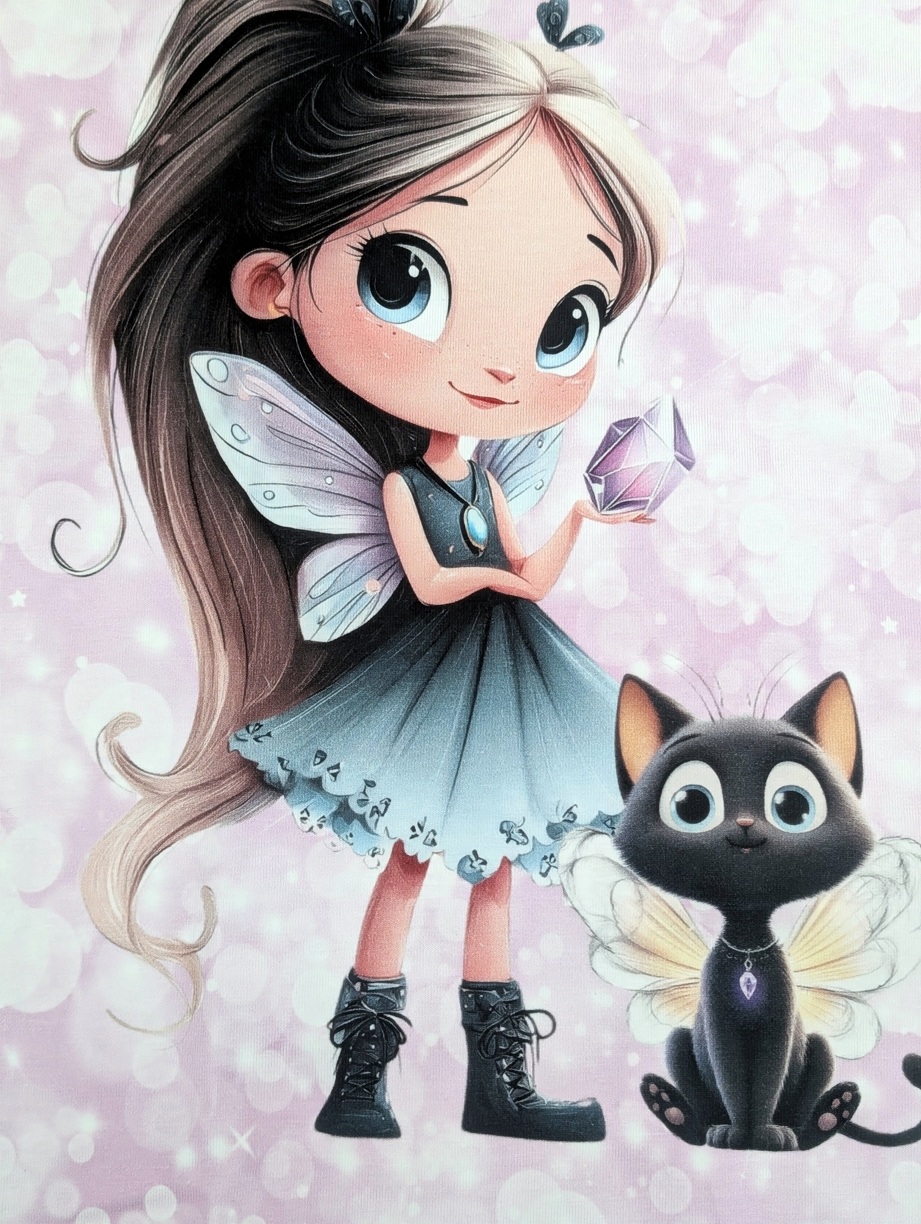 In-house production Cotton Jersey Panel Diamond Girl Cat on Pink / Lilac 75 x 165 cm