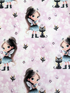 In-house production Cotton Jersey Panel Diamond Girl Cat on Pink / Lilac 75 x 165 cm