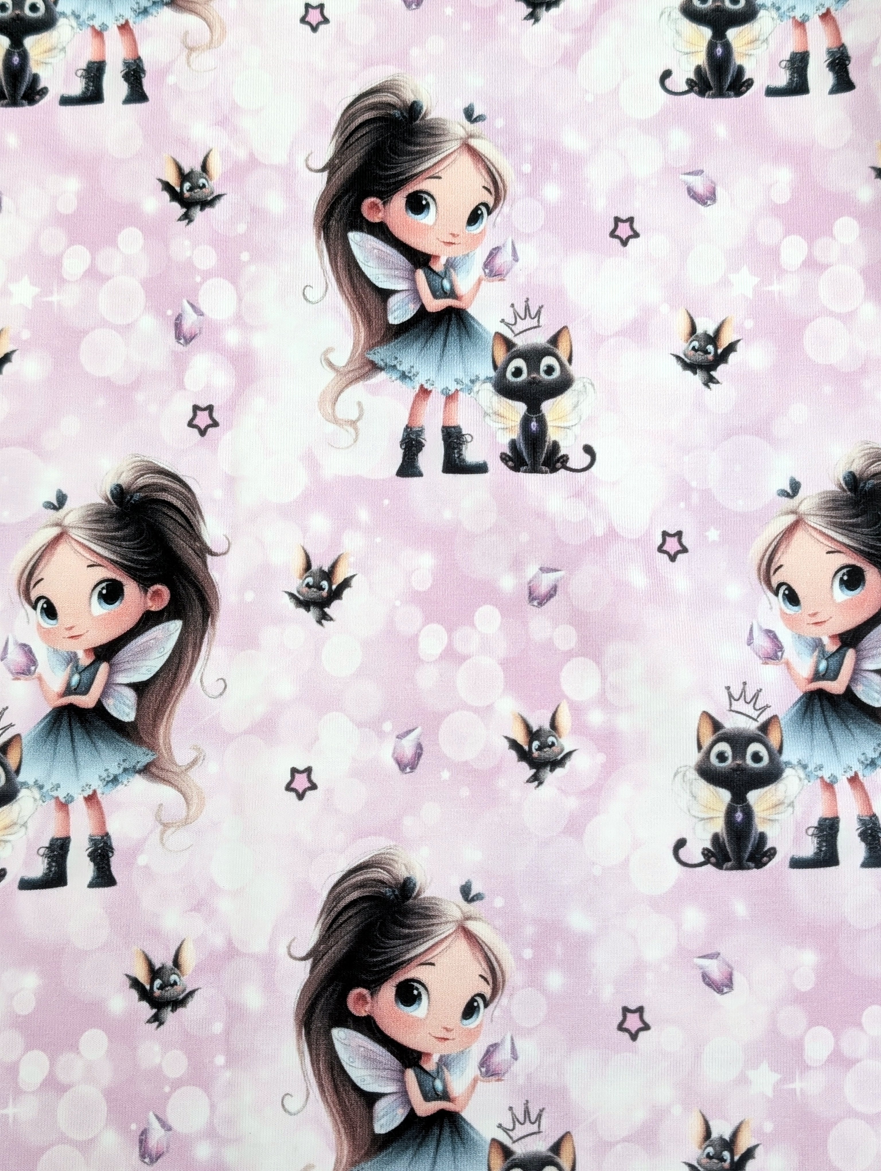 In-house production Cotton Jersey Panel Diamond Girl Cat on Pink / Lilac 75 x 165 cm