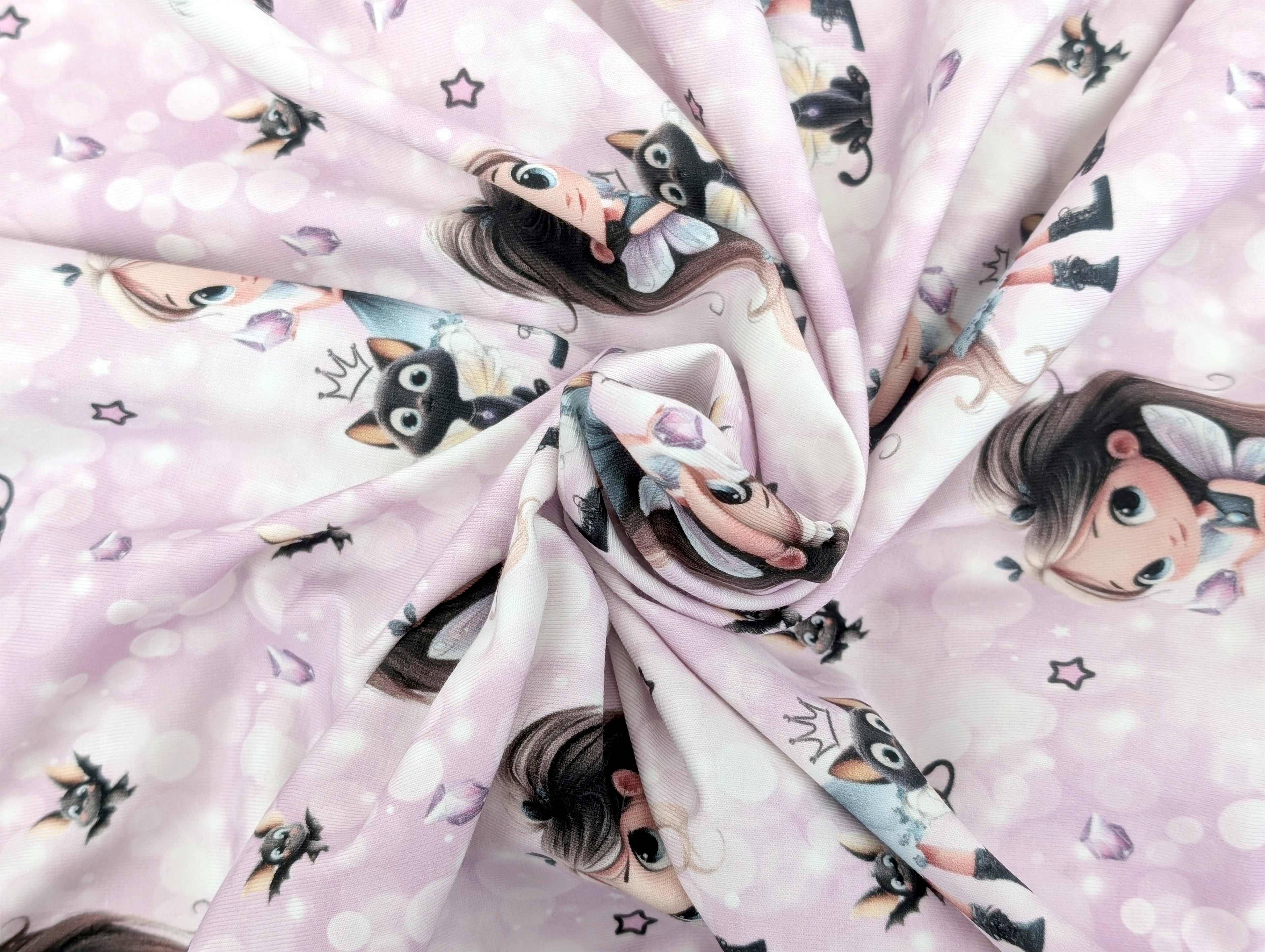 In-house production Cotton Jersey Panel Diamond Girl Cat on Pink / Lilac 75 x 165 cm