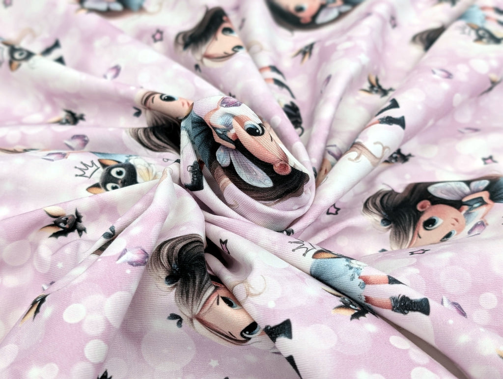 In-house production Cotton Jersey Panel Diamond Girl Cat on Pink / Lilac 75 x 165 cm